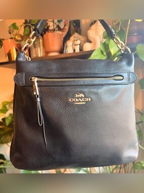 Coach Rowan File -Black Pebbled Leather Shoulder Bag with Gold Accents - F34823